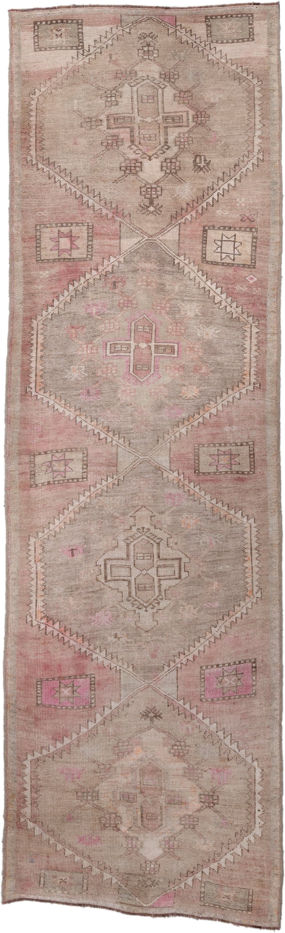 3' x 10' one-of-a-kind handmade antique Oushak runner rug. Color palette: taupe, blush, dusty_rose, ivory, beige, soft_pink