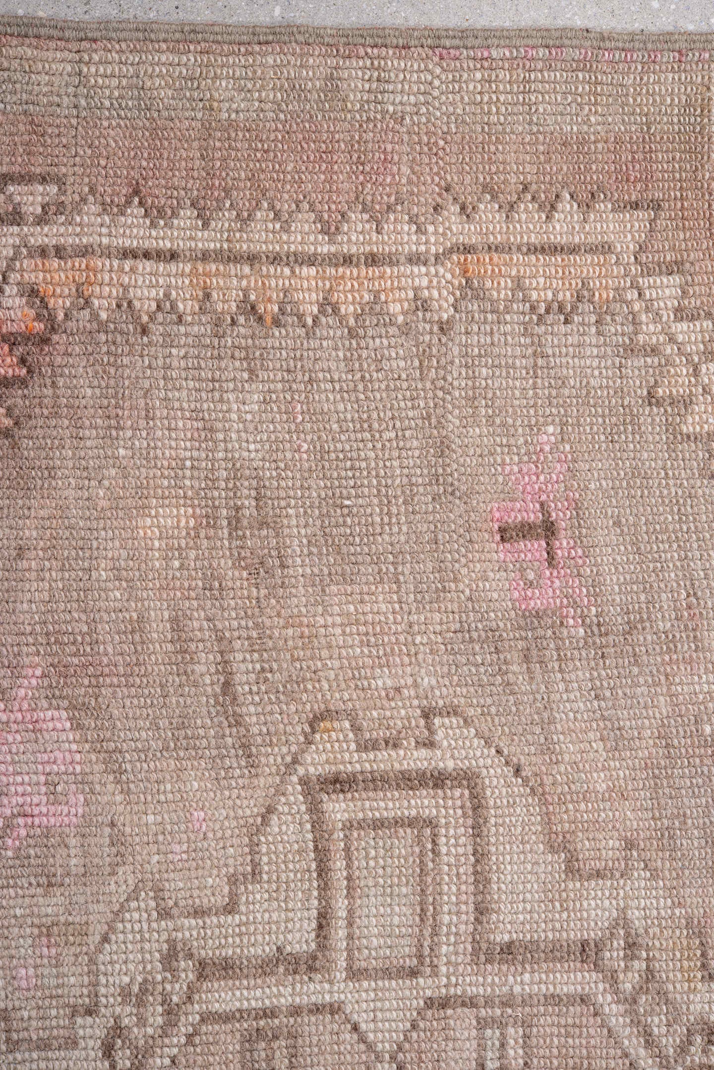 3' x 10' one-of-a-kind handmade antique Oushak runner rug. Color palette: taupe, blush, dusty_rose, ivory, beige, soft_pink