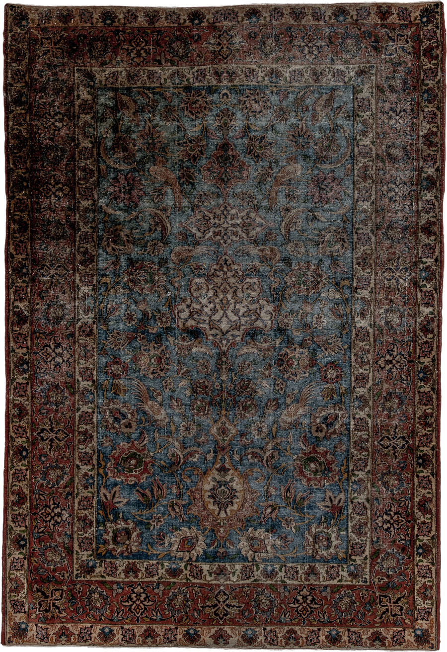 4' x 7' one-of-a-kind handmade vintage Anatolian rug. Color palette: blue, rust, ivory, rose, navy, sage, taupe, burgundy
