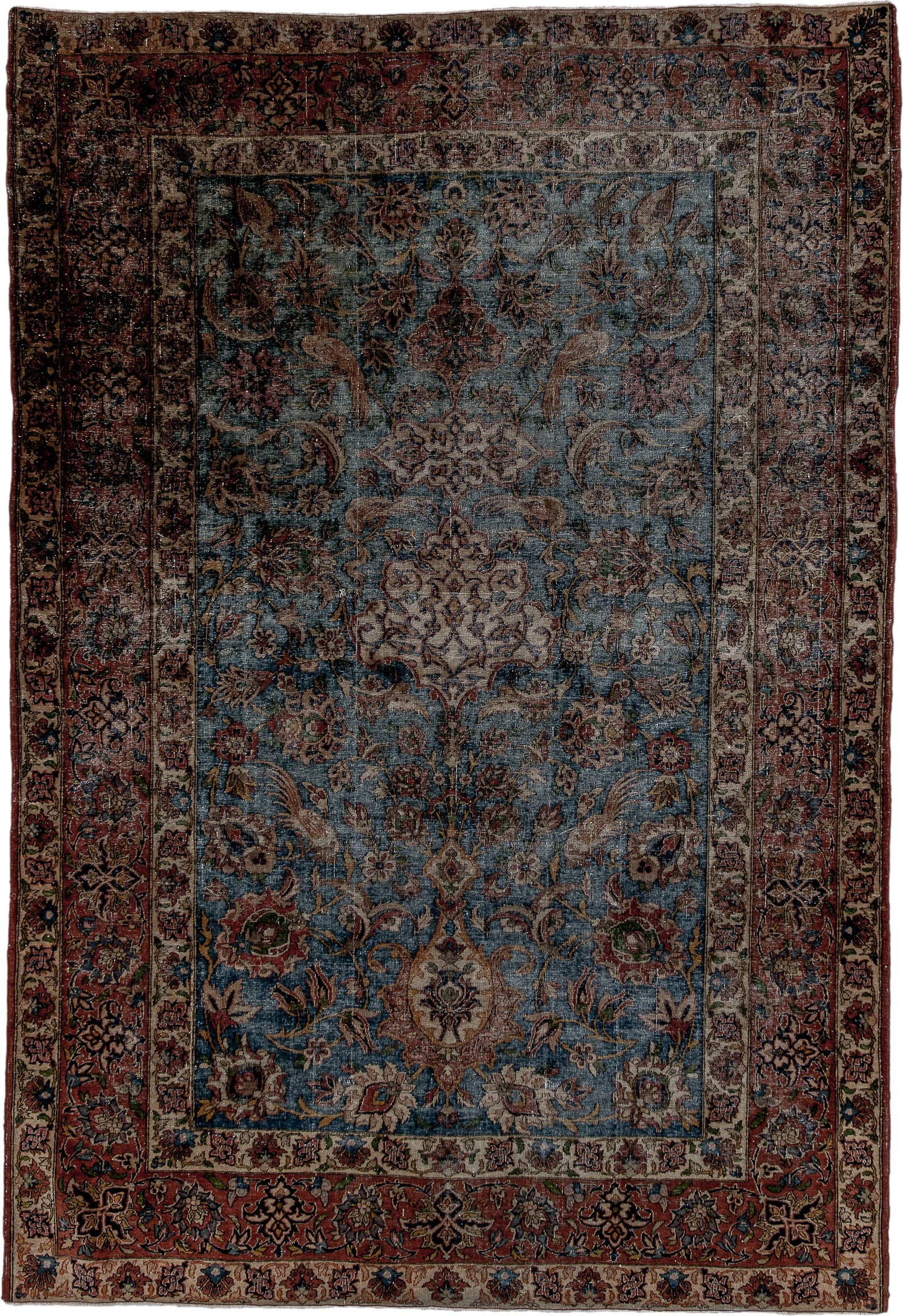 4' x 7' one-of-a-kind handmade vintage Anatolian rug. Color palette: blue, rust, ivory, rose, navy, sage, taupe, burgundy