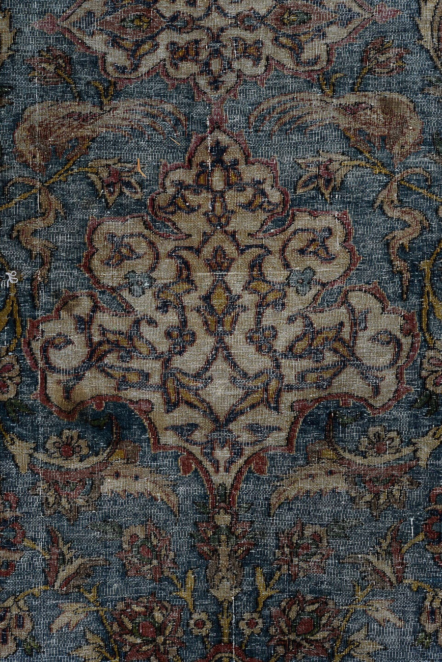 4' x 7' one-of-a-kind handmade vintage Anatolian rug. Color palette: blue, rust, ivory, rose, navy, sage, taupe, burgundy