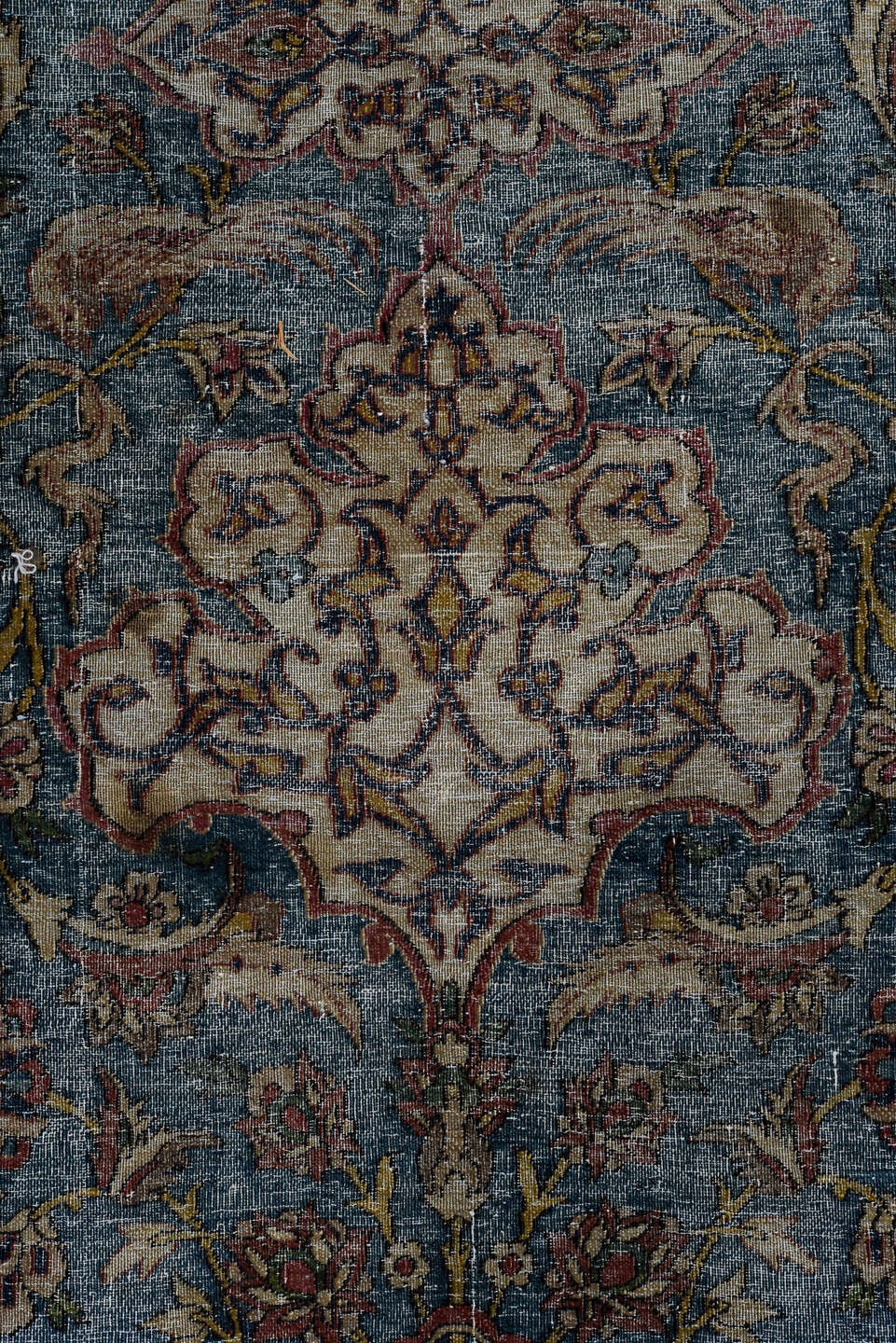4' x 7' one-of-a-kind handmade vintage Anatolian rug. Color palette: blue, rust, ivory, rose, navy, sage, taupe, burgundy