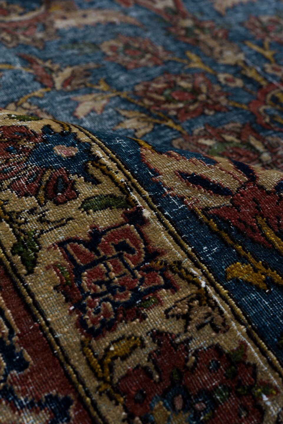 4' x 7' one-of-a-kind handmade vintage Anatolian rug. Color palette: blue, rust, ivory, rose, navy, sage, taupe, burgundy