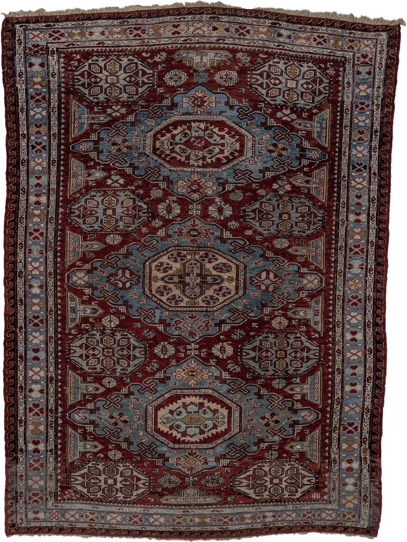 4' x 6' one-of-a-kind handmade antique Sumak rug. Color palette: rust, powder blue, ivory, charcoal, burgundy, camel, slate
