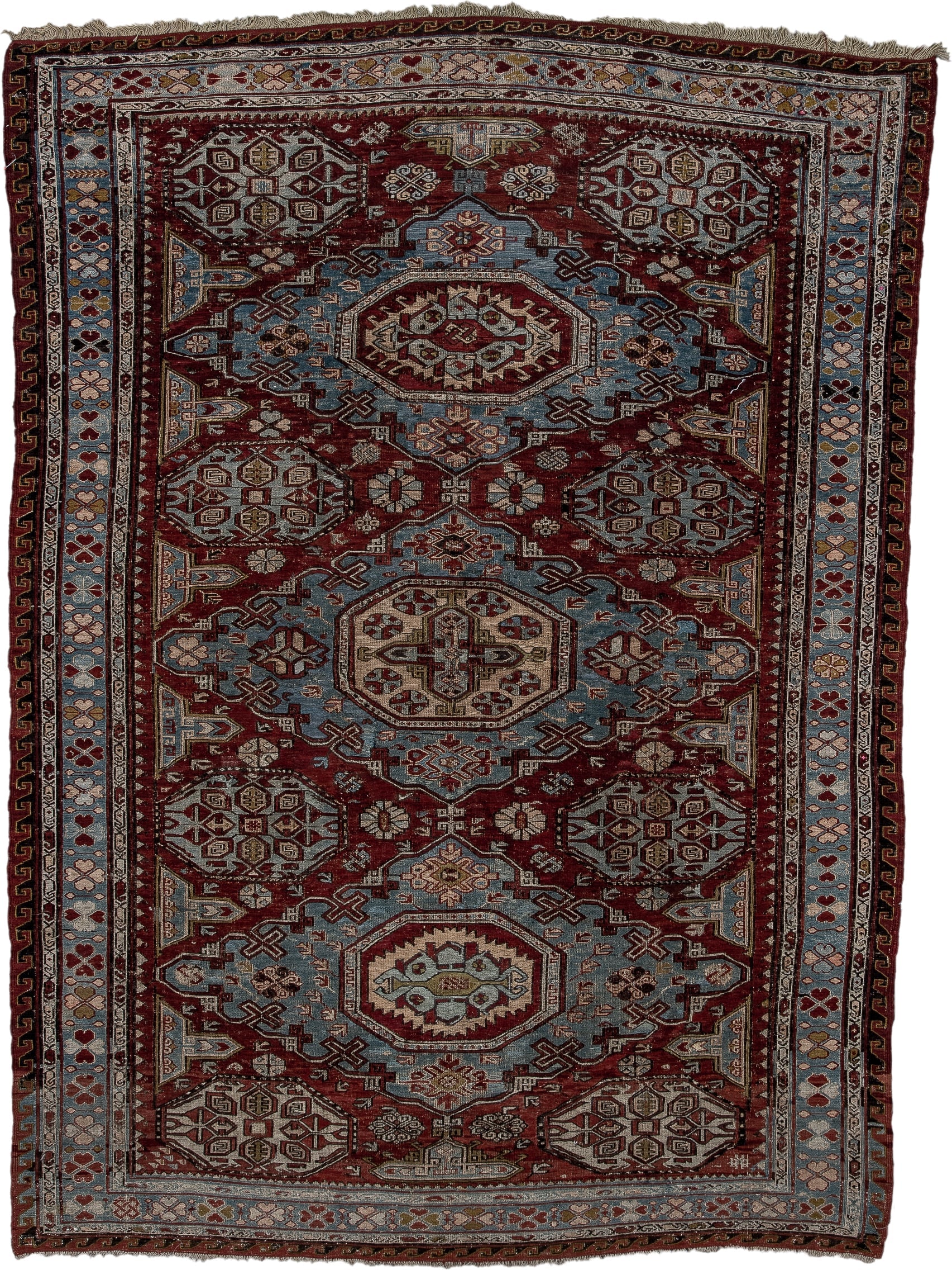 4' x 6' one-of-a-kind handmade antique Sumak rug. Color palette: rust, powder blue, ivory, charcoal, burgundy, camel, slate