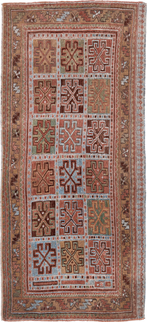2' x 4' one-of-a-kind handmade antique Sumak small size rug. Color palette: rust, camel, sky blue, ivory, olive, brown