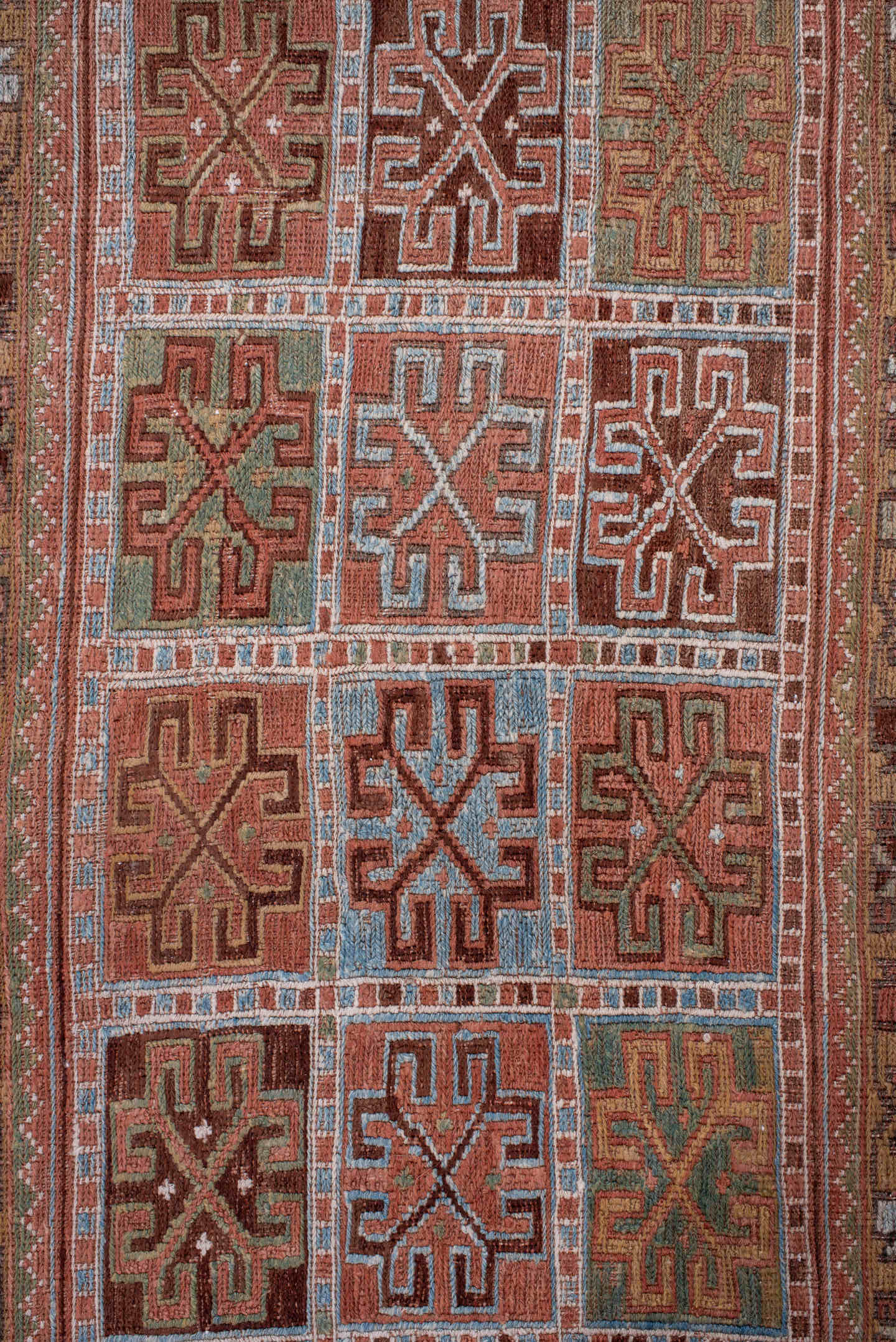2' x 4' one-of-a-kind handmade antique Sumak small size rug. Color palette: rust, camel, sky blue, ivory, olive, brown