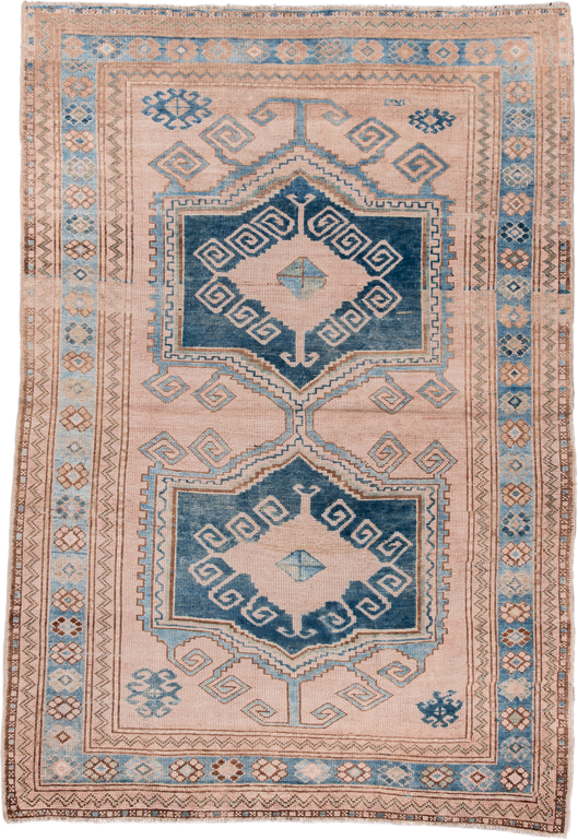 4' x 6' one-of-a-kind handmade vintage Oushak small size rug. Color palette: blush, sky_blue, navy, ivory, taupe, camel