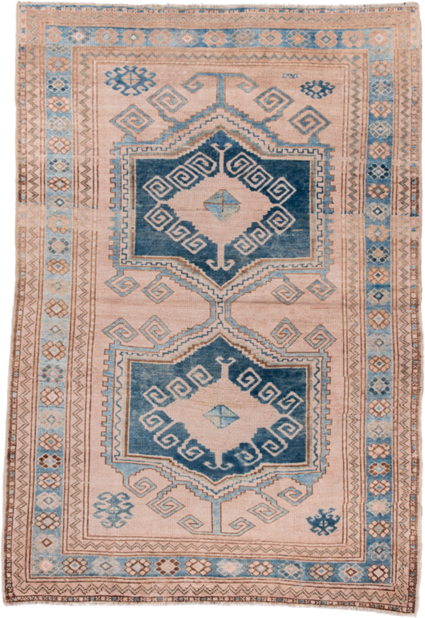 4' x 6' one-of-a-kind handmade vintage Oushak small size rug. Color palette: blush, sky_blue, navy, ivory, taupe, camel