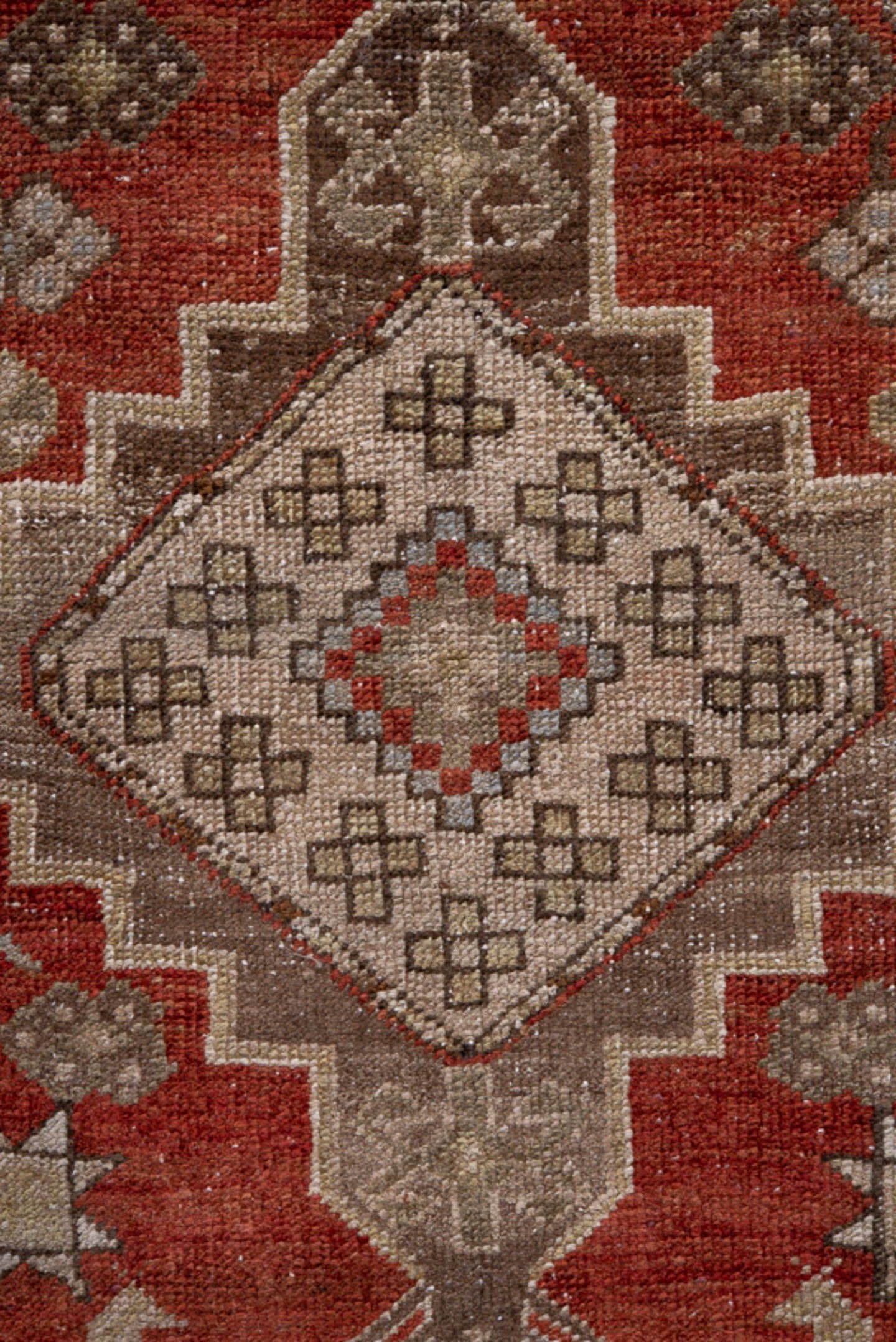 3' x 7' one-of-a-kind handmade antique Heriz rug. Color palette: rust, ivory, taupe, slate, charcoal, camel, crimson