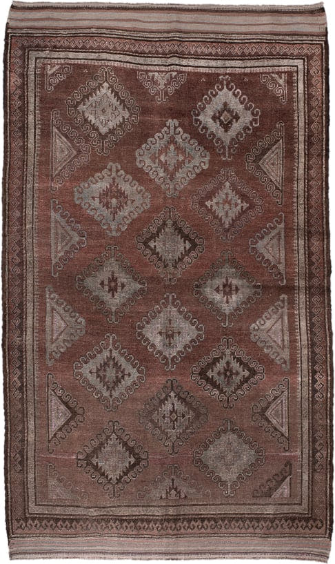 4' x 7' one-of-a-kind handmade antique Belouch rug. Color palette: rust, brown, taupe, ivory, charcoal, rose, slate