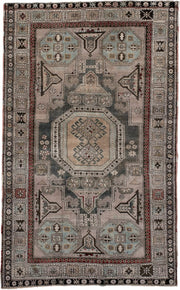 4' x 6' one-of-a-kind handmade antique Shiraz small size rug. Color palette: ivory, charcoal, sky blue, rust, taupe, black