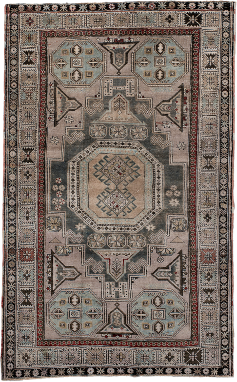4' x 6' one-of-a-kind handmade antique Shiraz small size rug. Color palette: ivory, charcoal, sky blue, rust, taupe, black