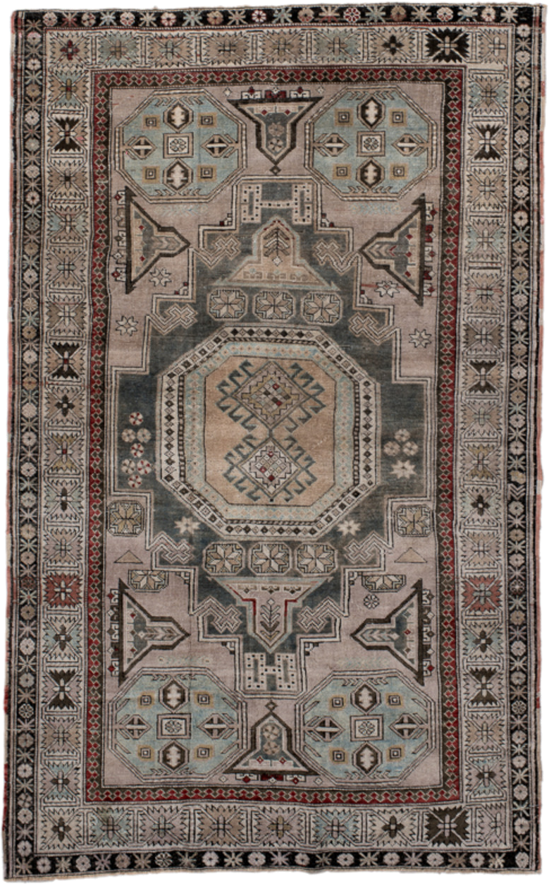 4' x 6' one-of-a-kind handmade antique Shiraz small size rug. Color palette: ivory, charcoal, sky blue, rust, taupe, black