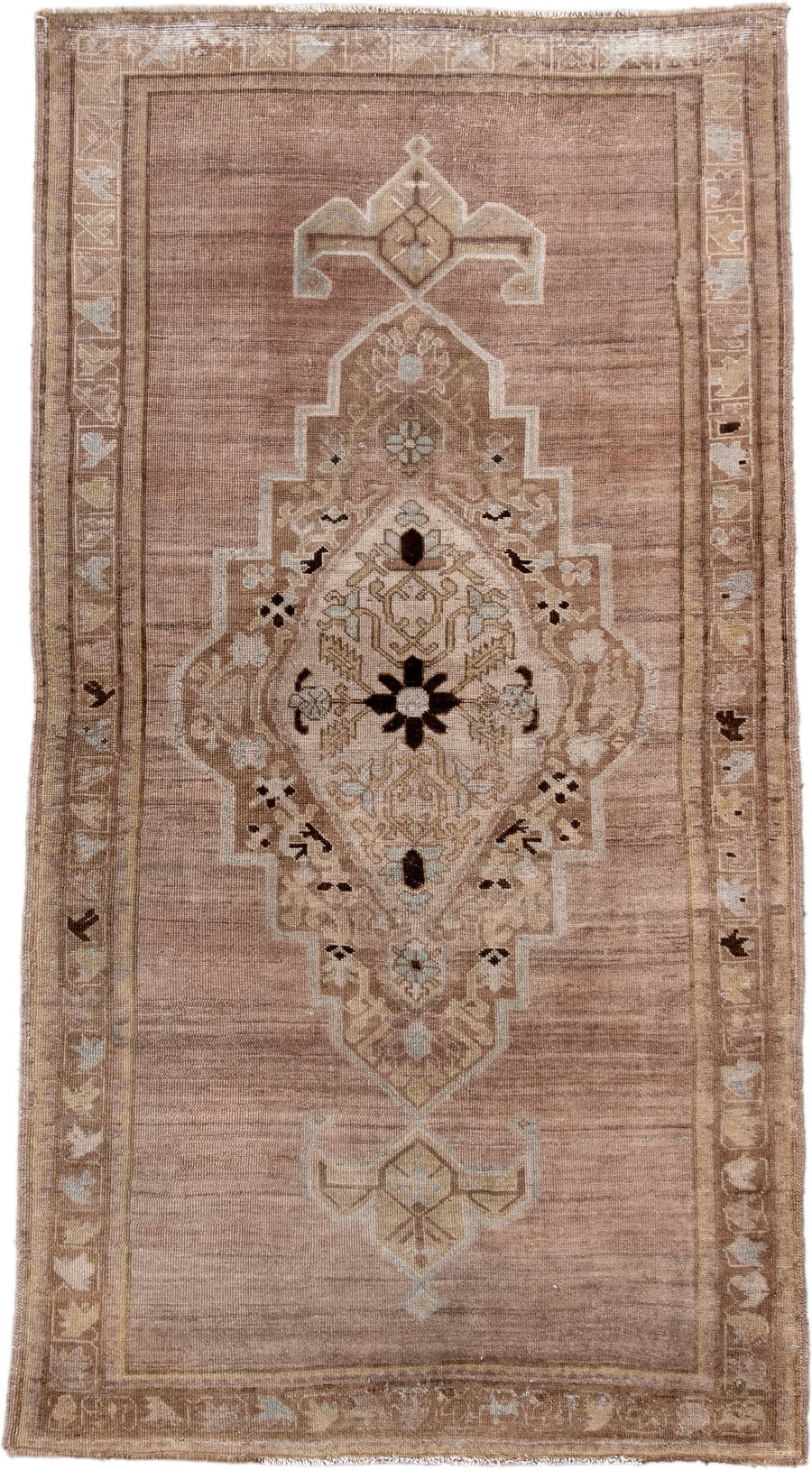 3' x 7' one-of-a-kind handmade antique Oushak rug. Color palette: taupe, camel, ivory, beige, brown, charcoal, pale blue