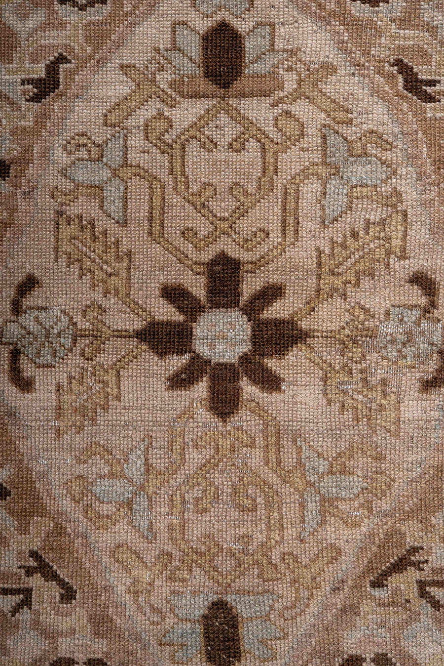 3' x 7' one-of-a-kind handmade antique Oushak rug. Color palette: taupe, camel, ivory, beige, brown, charcoal, pale blue