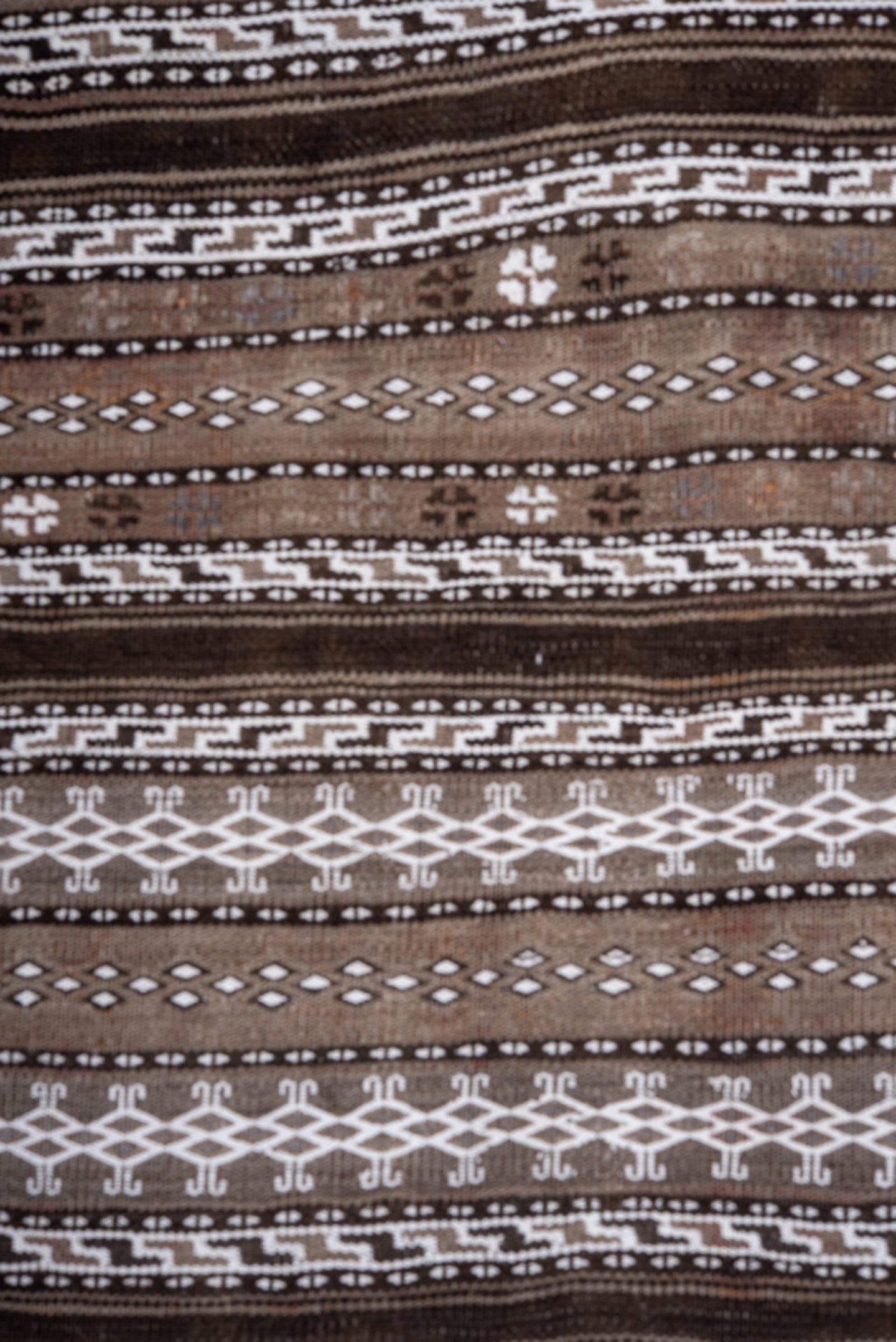 4' x 9' one-of-a-kind handmade vintage Kilim runner rug. Color palette: taupe, ivory, dark_brown, brown, beige, gray