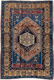 3' x 5' one-of-a-kind handmade antique Oushak small size rug. Color palette: blue, camel, navy, ivory, rust, gold, rose