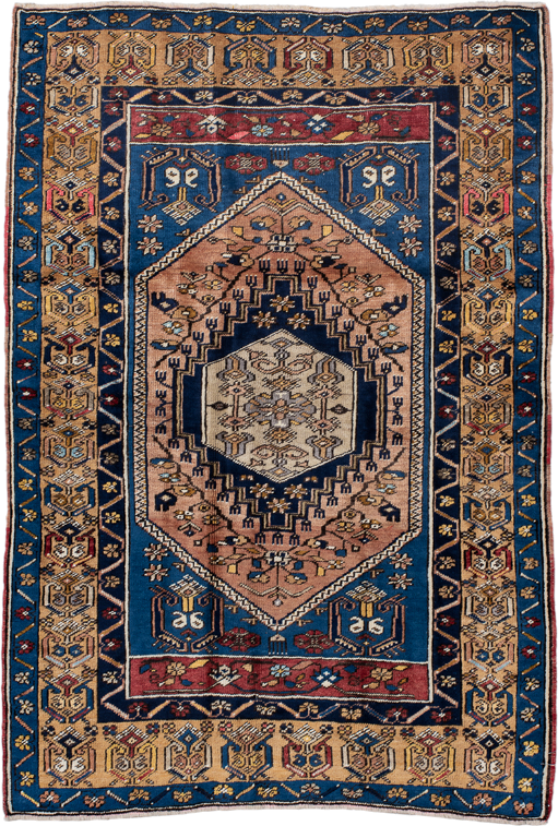 3' x 5' one-of-a-kind handmade antique Oushak small size rug. Color palette: blue, camel, navy, ivory, rust, gold, rose