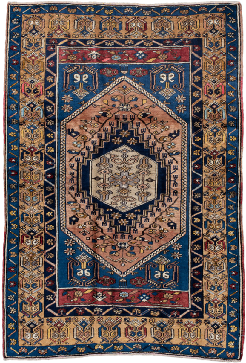 3' x 5' one-of-a-kind handmade antique Oushak small size rug. Color palette: blue, camel, navy, ivory, rust, gold, rose