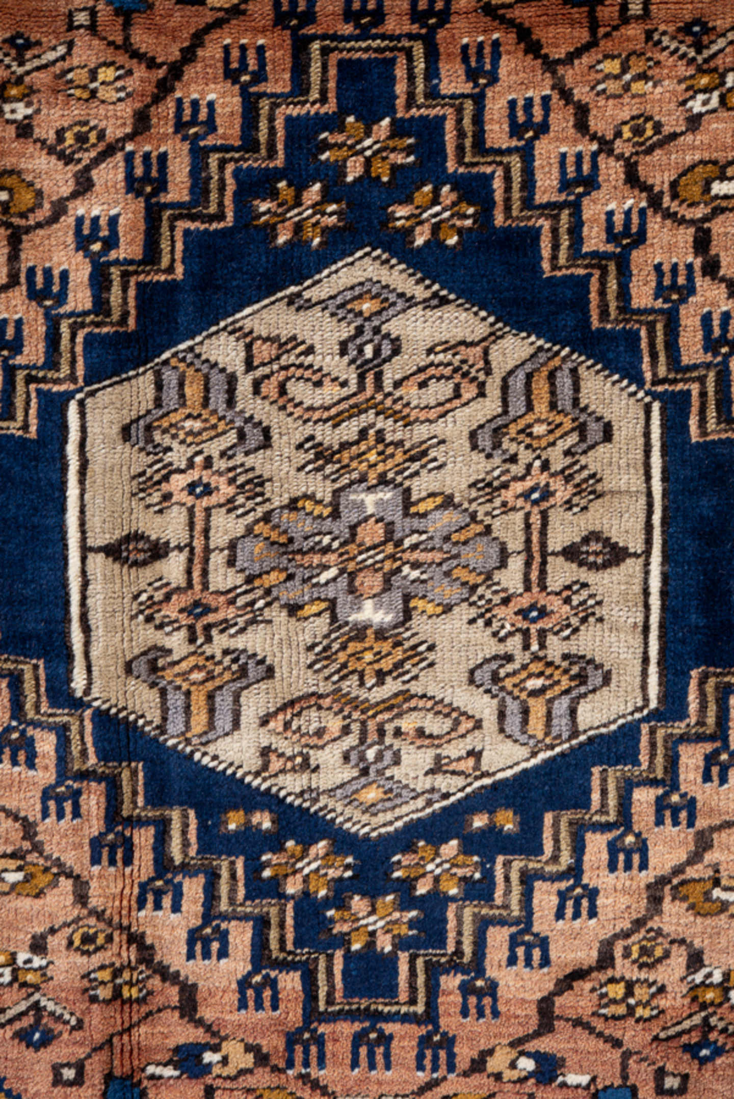 3' x 5' one-of-a-kind handmade antique Oushak small size rug. Color palette: blue, camel, navy, ivory, rust, gold, rose