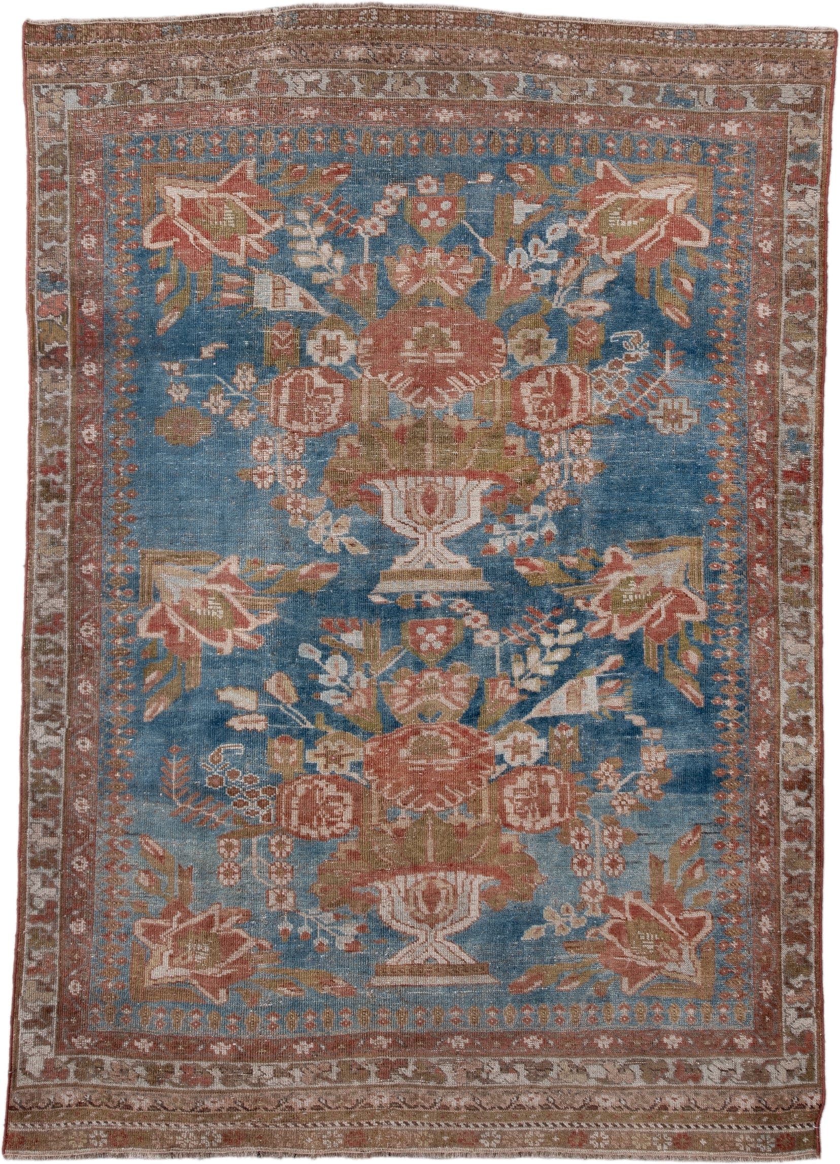 4' x 6' one-of-a-kind handmade antique Afshar small size rug. Color palette: blue, rust, ivory, olive, taupe, rose, brown