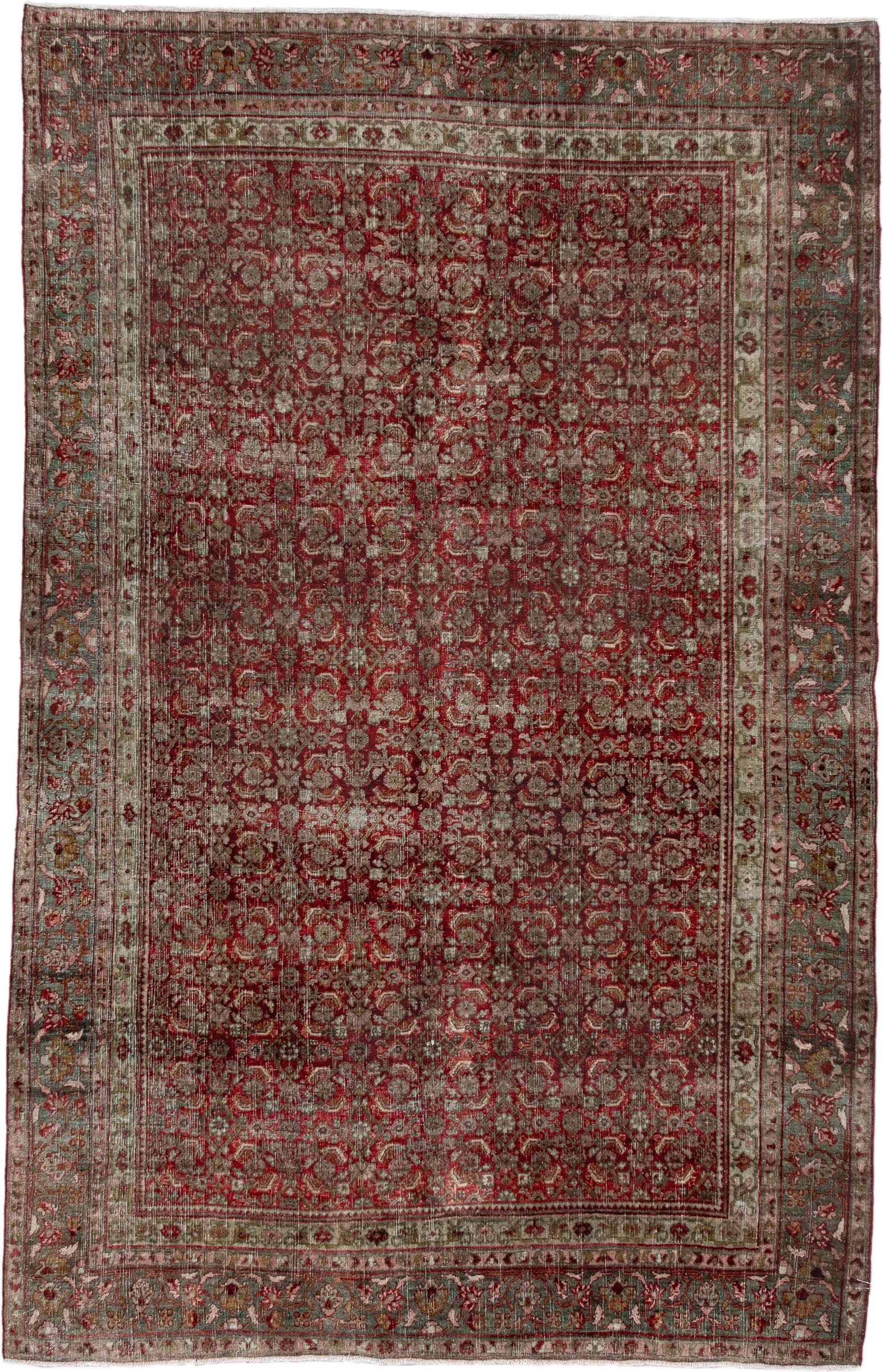 4' x 7' one-of-a-kind handmade antique Bidjar rug. Color palette: red, ivory, sage, rose, taupe, burgundy, olive, green