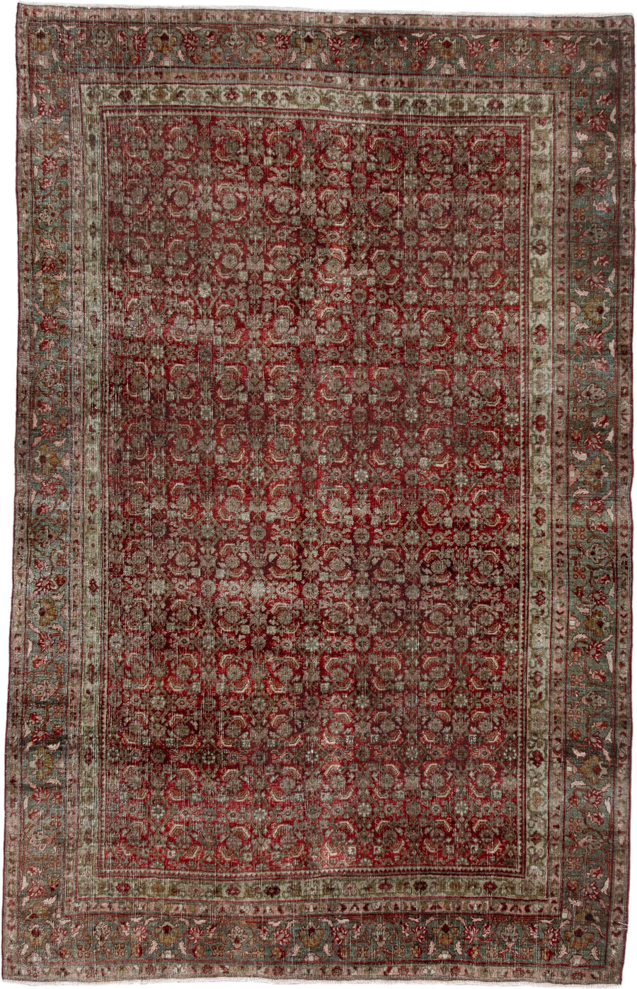 4' x 7' one-of-a-kind handmade antique Bidjar rug. Color palette: red, ivory, sage, rose, taupe, burgundy, olive, green