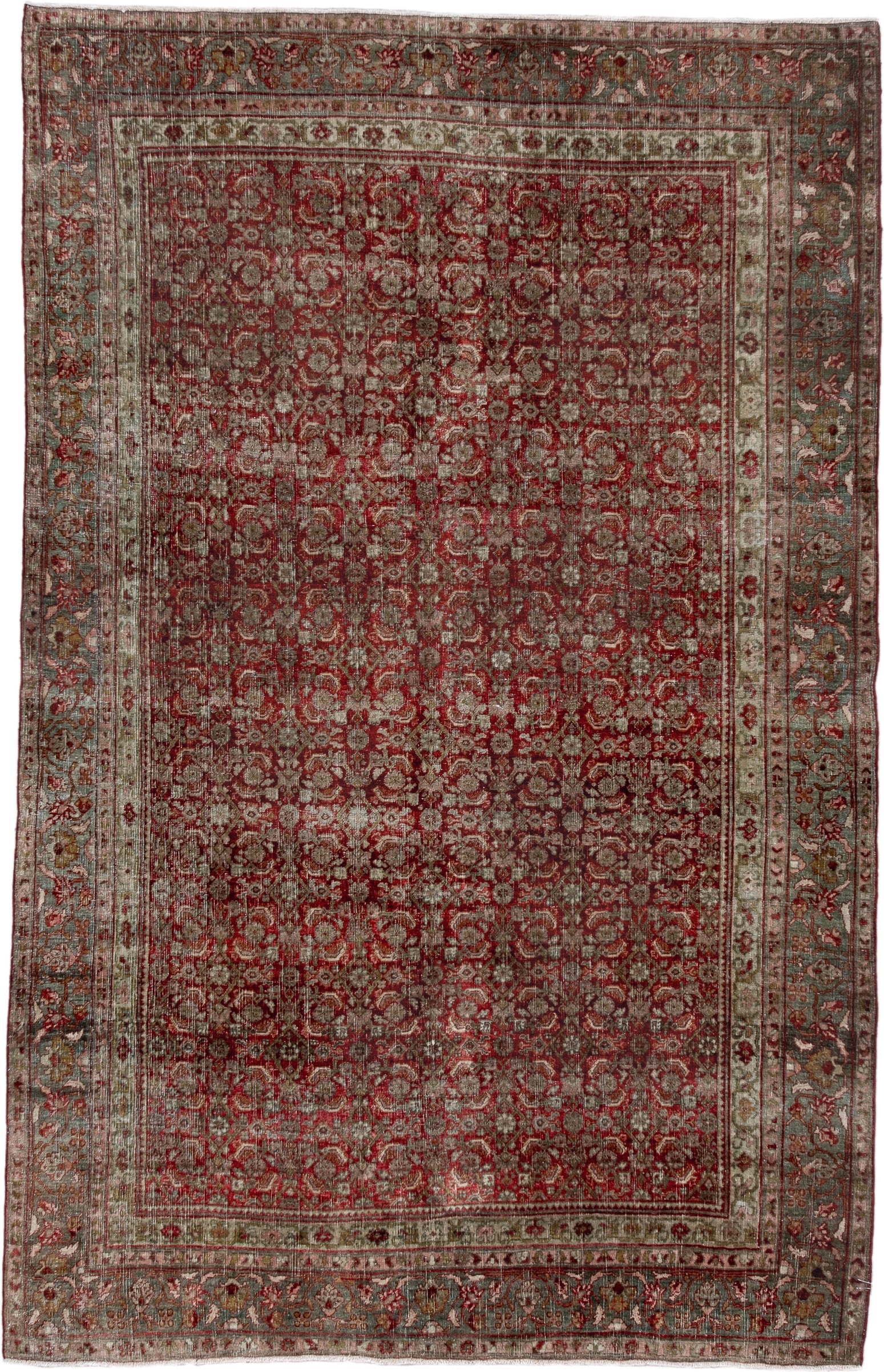 4' x 7' one-of-a-kind handmade antique Bidjar rug. Color palette: red, ivory, sage, rose, taupe, burgundy, olive, green