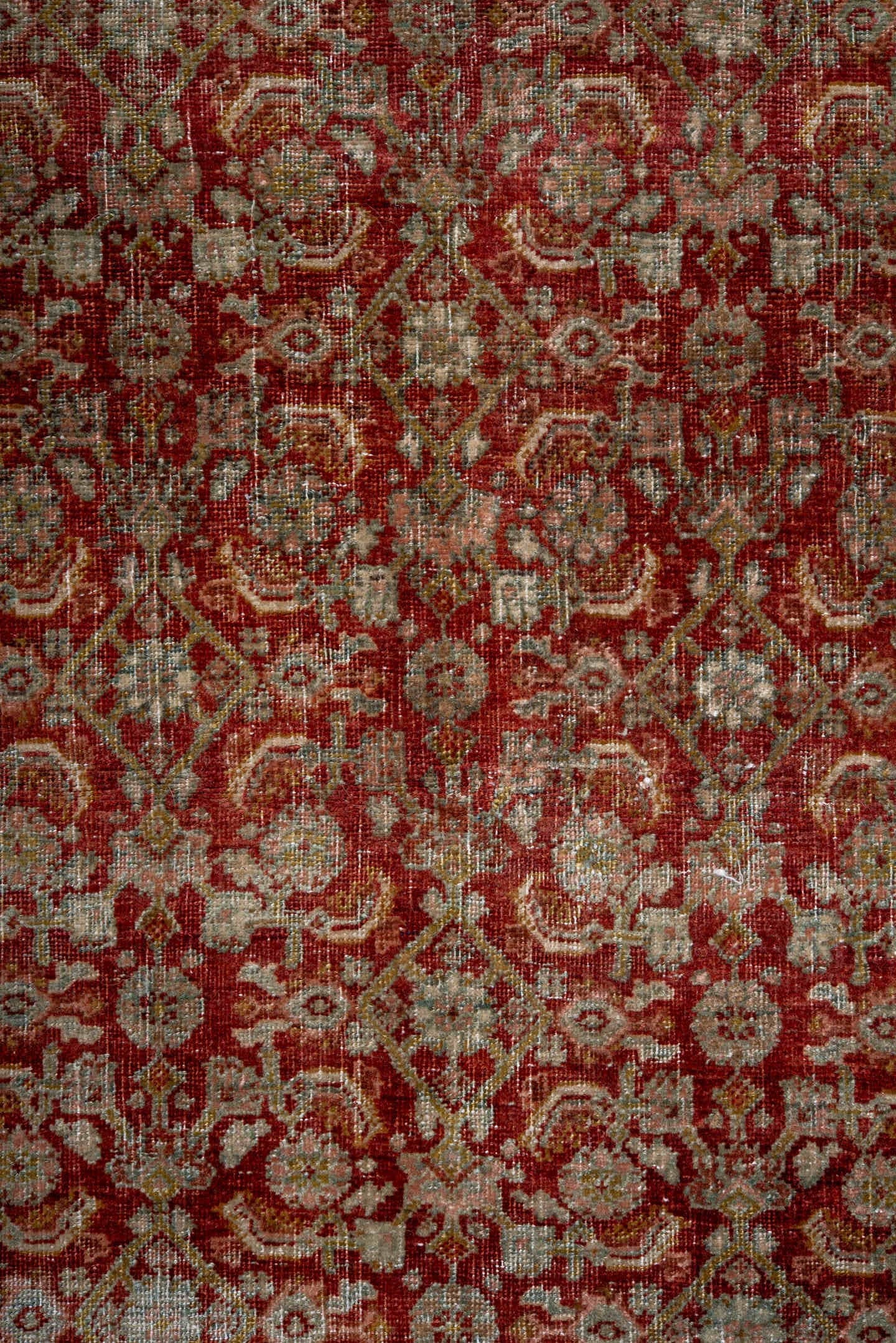 4' x 7' one-of-a-kind handmade antique Bidjar rug. Color palette: red, ivory, sage, rose, taupe, burgundy, olive, green