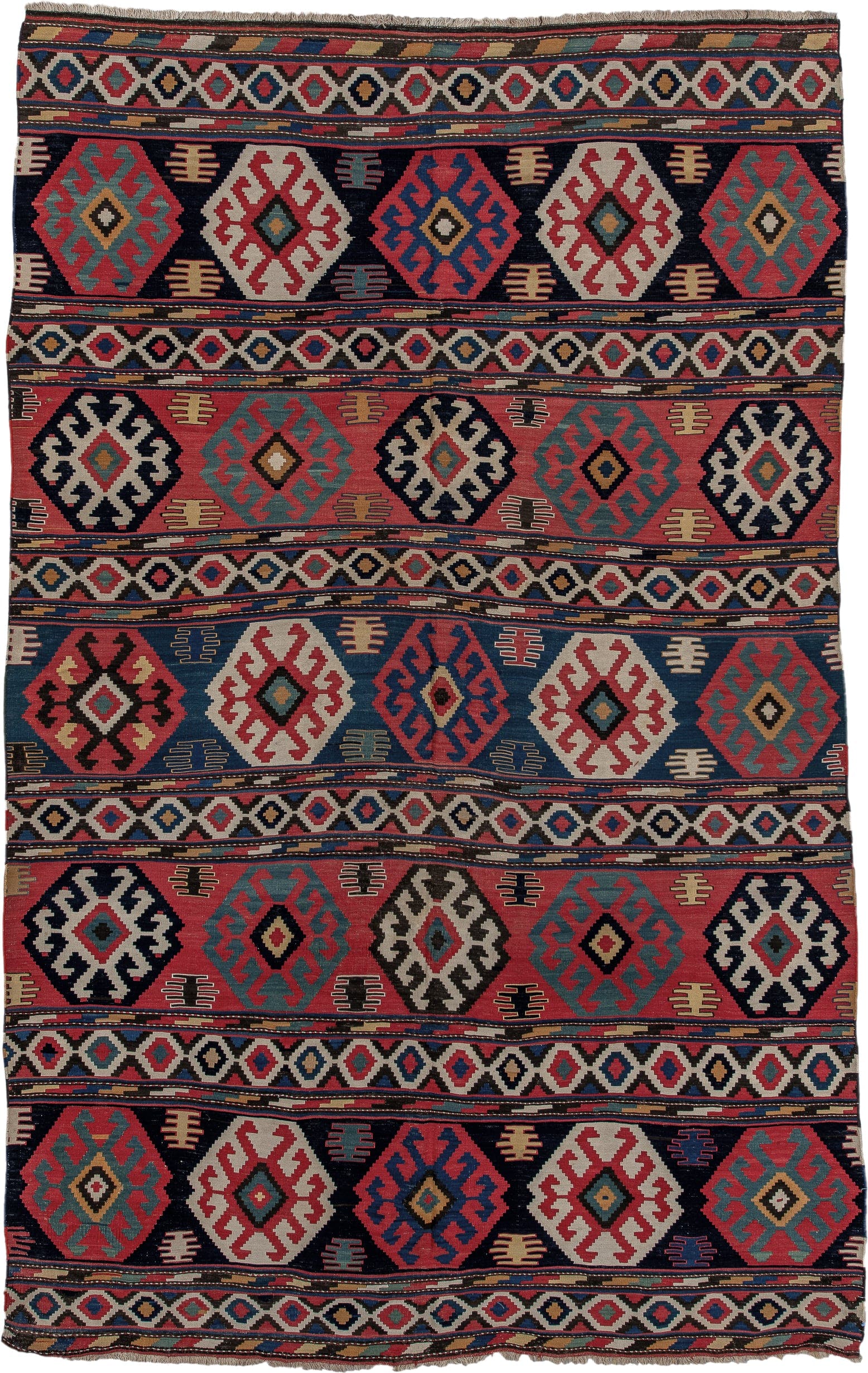6' x 10' one-of-a-kind handmade vintage Kilim large size rug. Color palette: rose, navy, ivory, teal, crimson, camel