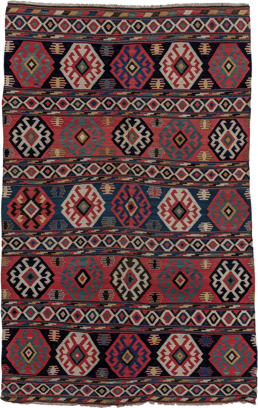 6' x 10' one-of-a-kind handmade vintage Kilim large size rug. Color palette: rose, navy, ivory, teal, crimson, camel