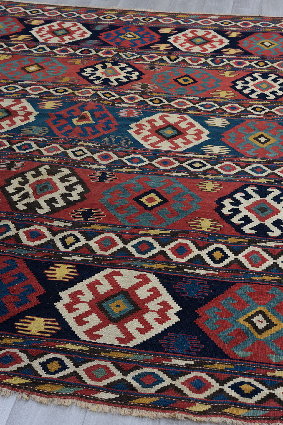 6' x 10' one-of-a-kind handmade vintage Kilim large size rug. Color palette: rose, navy, ivory, teal, crimson, camel