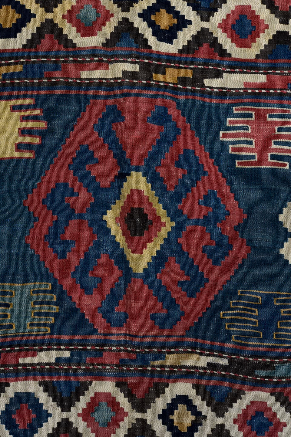 6' x 10' one-of-a-kind handmade vintage Kilim large size rug. Color palette: rose, navy, ivory, teal, crimson, camel