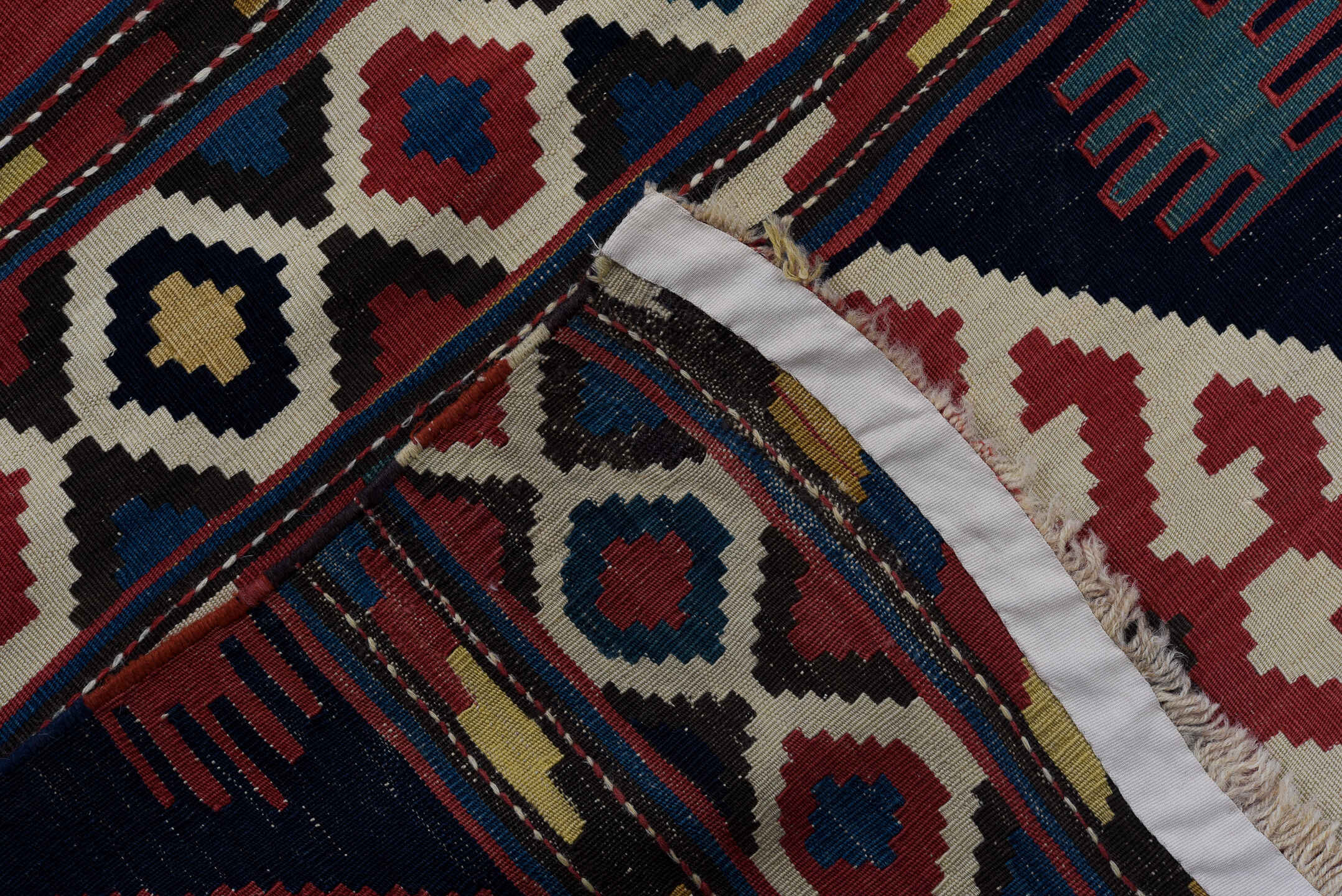 6' x 10' one-of-a-kind handmade vintage Kilim large size rug. Color palette: rose, navy, ivory, teal, crimson, camel
