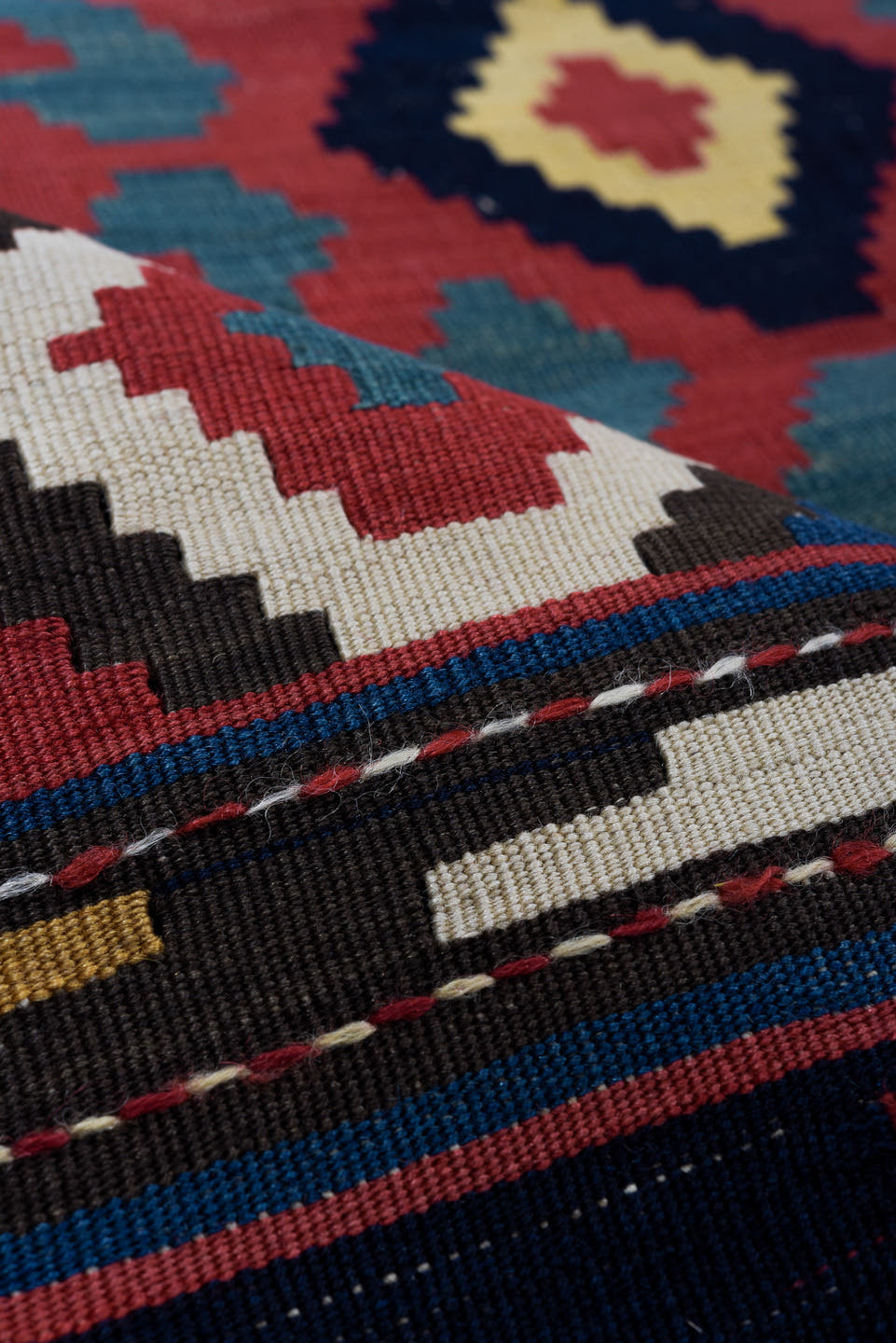 6' x 10' one-of-a-kind handmade vintage Kilim large size rug. Color palette: rose, navy, ivory, teal, crimson, camel