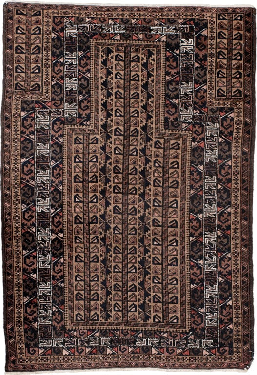 3' x 4' one-of-a-kind handmade antique Belouch small size rug. Color palette: brown, camel, rust, ivory, charcoal, rose