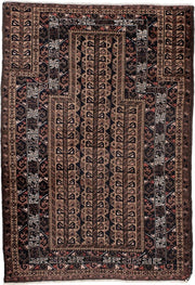 3' x 4' one-of-a-kind handmade antique Belouch small size rug. Color palette: brown, camel, rust, ivory, charcoal, rose
