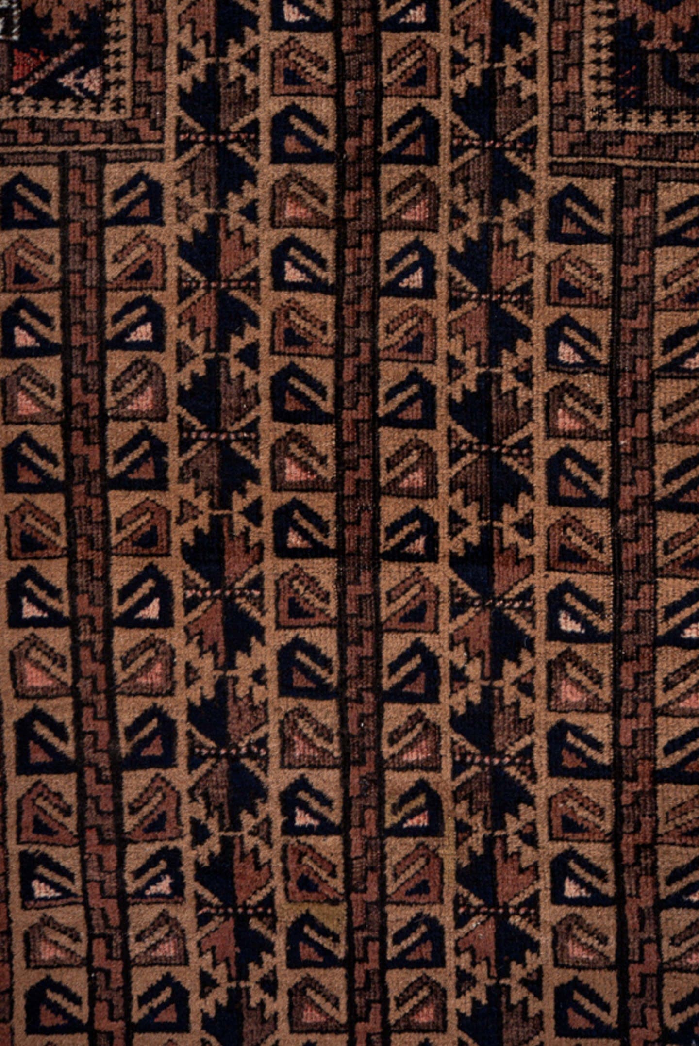 3' x 4' one-of-a-kind handmade antique Belouch small size rug. Color palette: brown, camel, rust, ivory, charcoal, rose