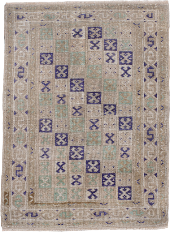 2' x 3' one-of-a-kind handmade vintage Oushak small size rug. Color palette: beige, ivory, lavender, pale aqua, taupe