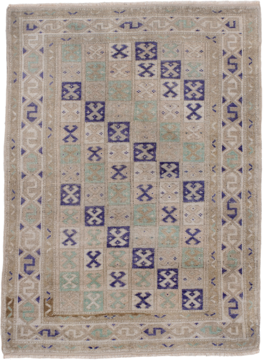 2' x 3' one-of-a-kind handmade vintage Oushak small size rug. Color palette: beige, ivory, lavender, pale aqua, taupe