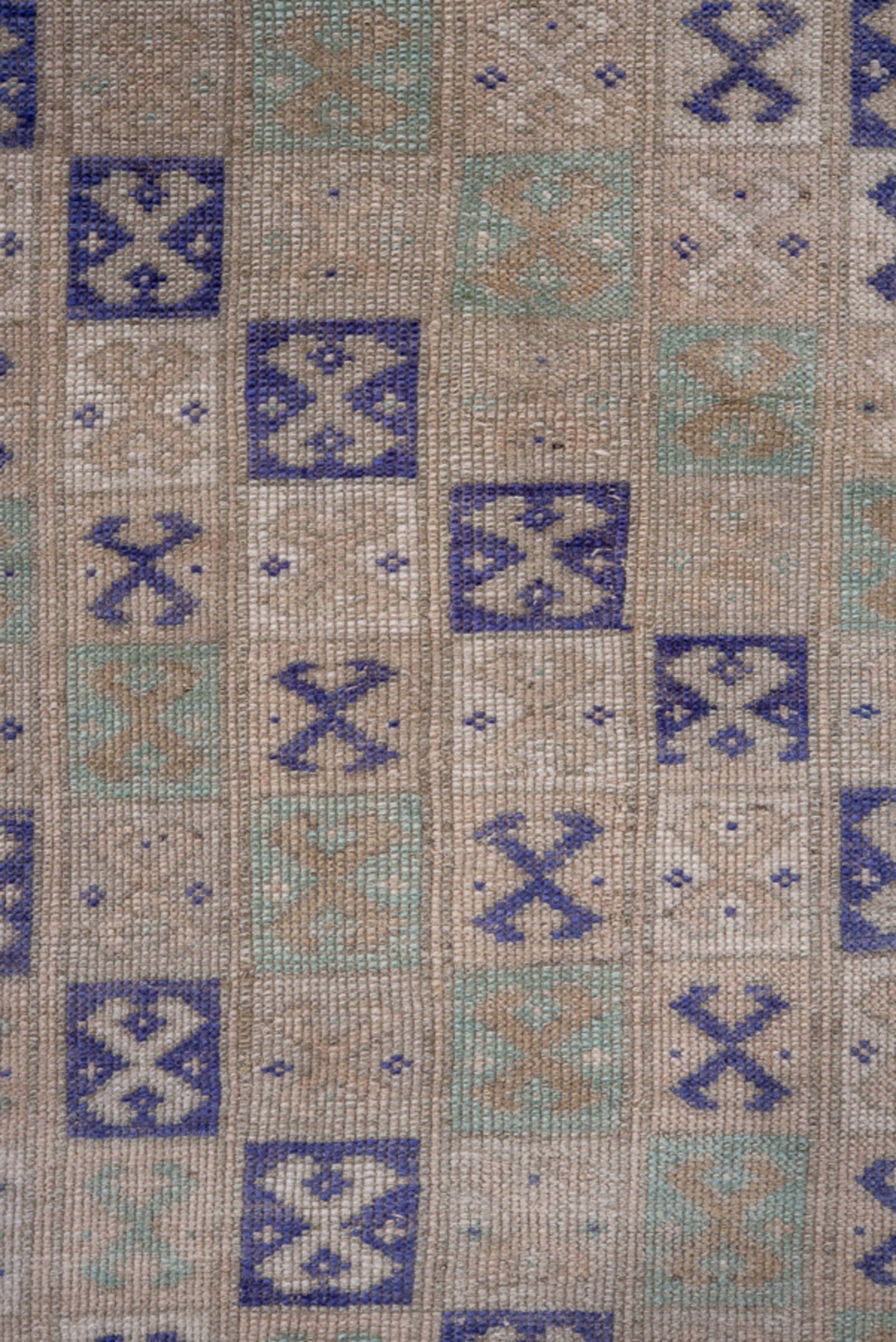 2' x 3' one-of-a-kind handmade vintage Oushak small size rug. Color palette: beige, ivory, lavender, pale aqua, taupe