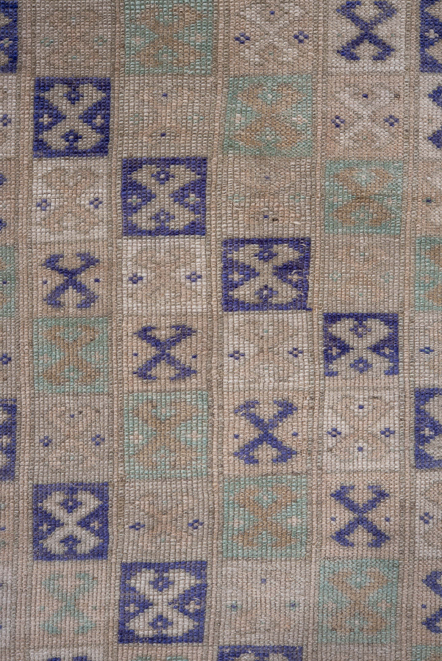 2' x 3' one-of-a-kind handmade vintage Oushak small size rug. Color palette: beige, ivory, lavender, pale aqua, taupe