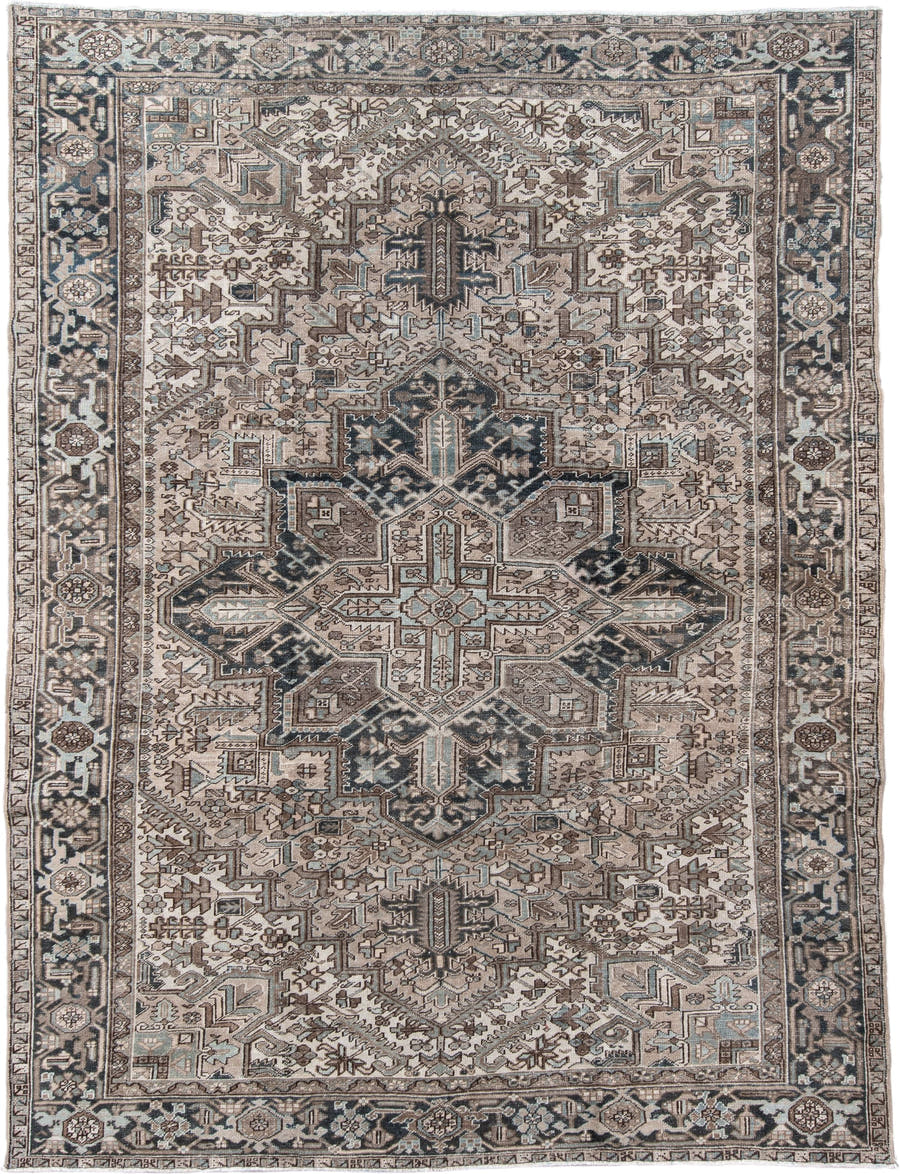 8' x 11' one-of-a-kind handmade vintage Heriz large size rug. Color palette: ivory, taupe, charcoal, pale_blue, brown, slate
