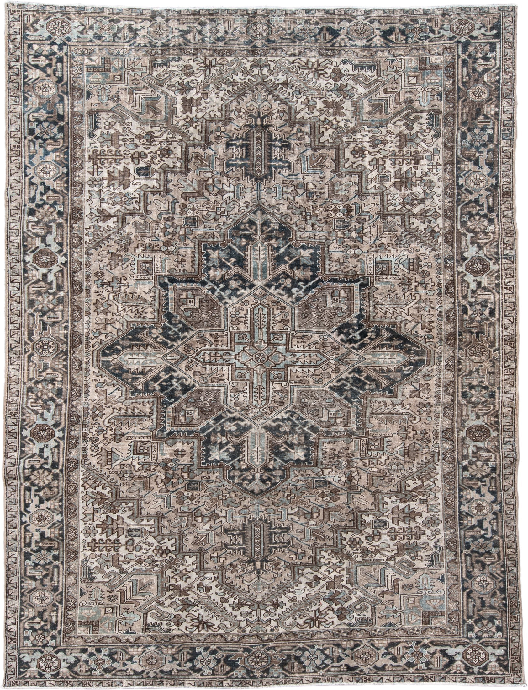 8' x 11' one-of-a-kind handmade vintage Heriz large size rug. Color palette: ivory, taupe, charcoal, pale_blue, brown, slate