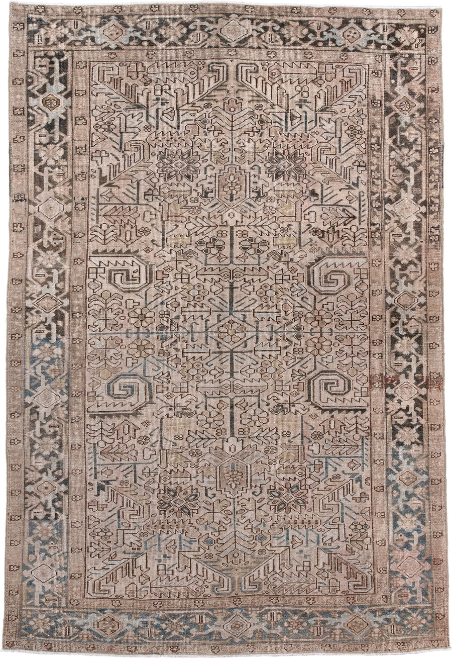 6' x 9' one-of-a-kind handmade antique Heriz medium size rug. Color palette: ivory, taupe, slate, charcoal, camel