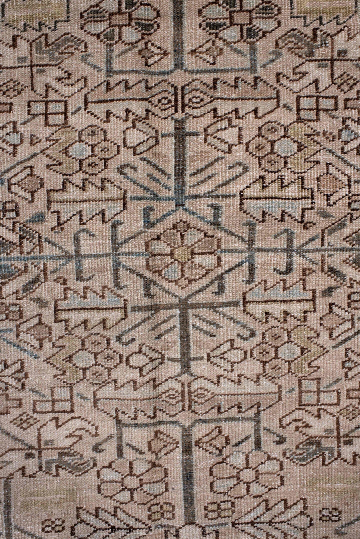 6' x 9' one-of-a-kind handmade antique Heriz medium size rug. Color palette: ivory, taupe, slate, charcoal, camel