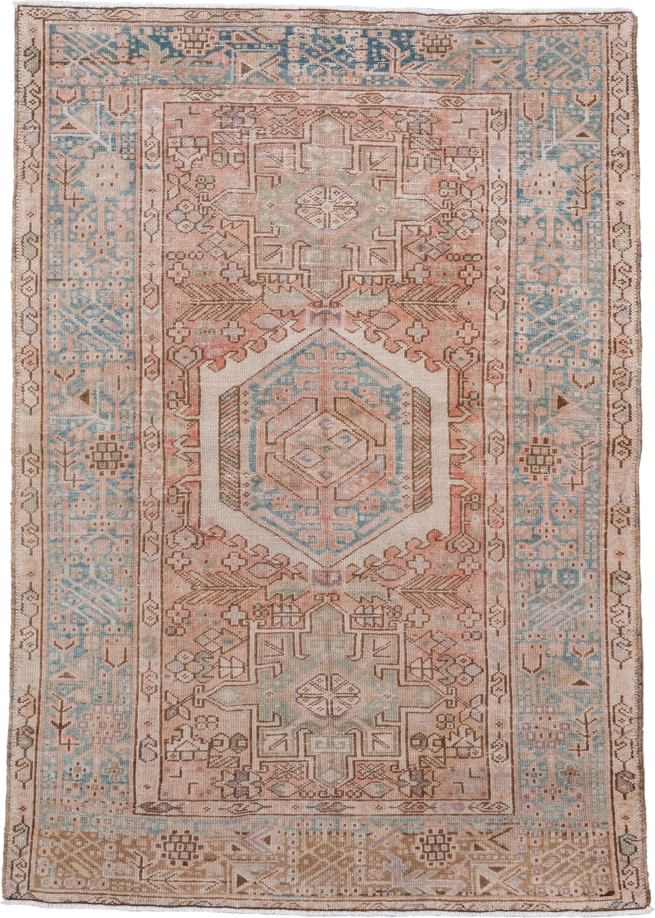 3' x 5' one-of-a-kind handmade antique Karaje small size rug. Color palette: ivory, blush, sky blue, taupe, camel, rose
