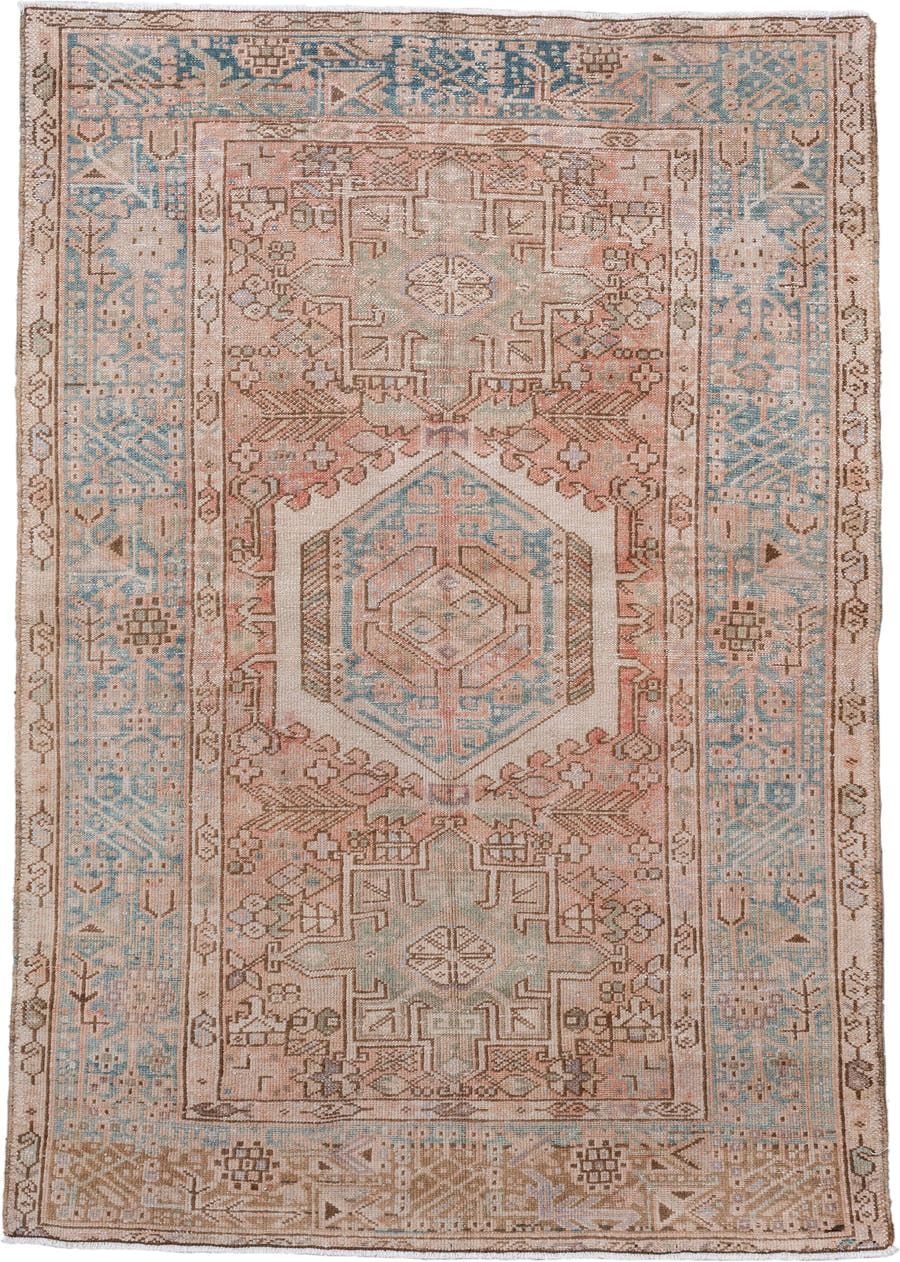 3' x 5' one-of-a-kind handmade antique Karaje small size rug. Color palette: ivory, blush, sky blue, taupe, camel, rose