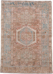 3' x 5' one-of-a-kind handmade antique Karaje small size rug. Color palette: ivory, blush, sky blue, taupe, camel, rose